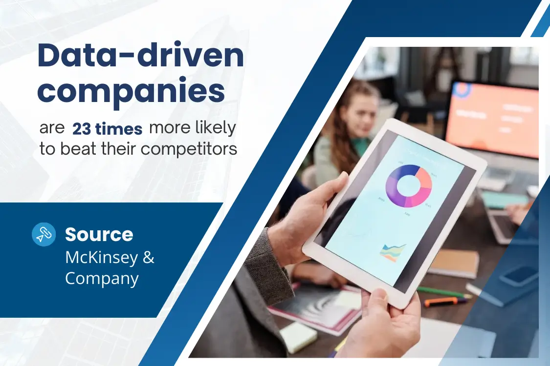 Why Data Analytics Matter in Marketing A person holding a tablet with a wooden table on the background with other person wearing a corporate attire.